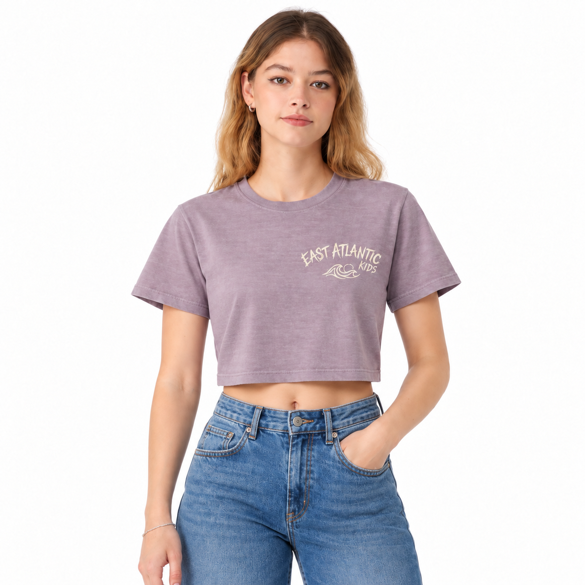 Front view of a women's crop top showcasing its modern design.
