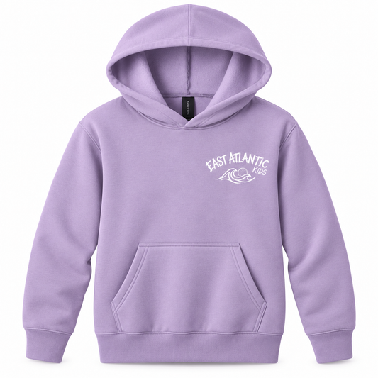 Front view of a youth hoodie with a cozy hood and front pocket.